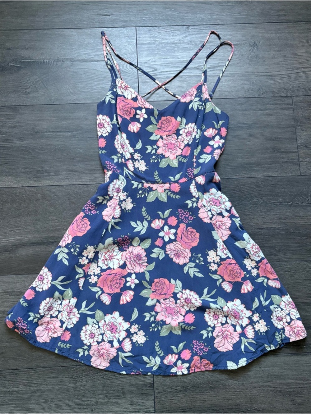 Garage Womens  Blue Floral Print Mini Dress Spaghetti Straps Size XS